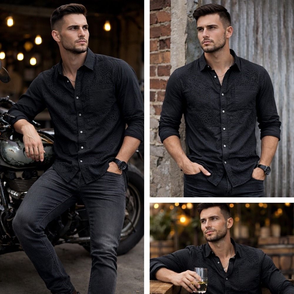 Cosi Crest‎ Camicie Edizione Edoardo Black Patchwork Eyelet Lace Cotton Shirt L